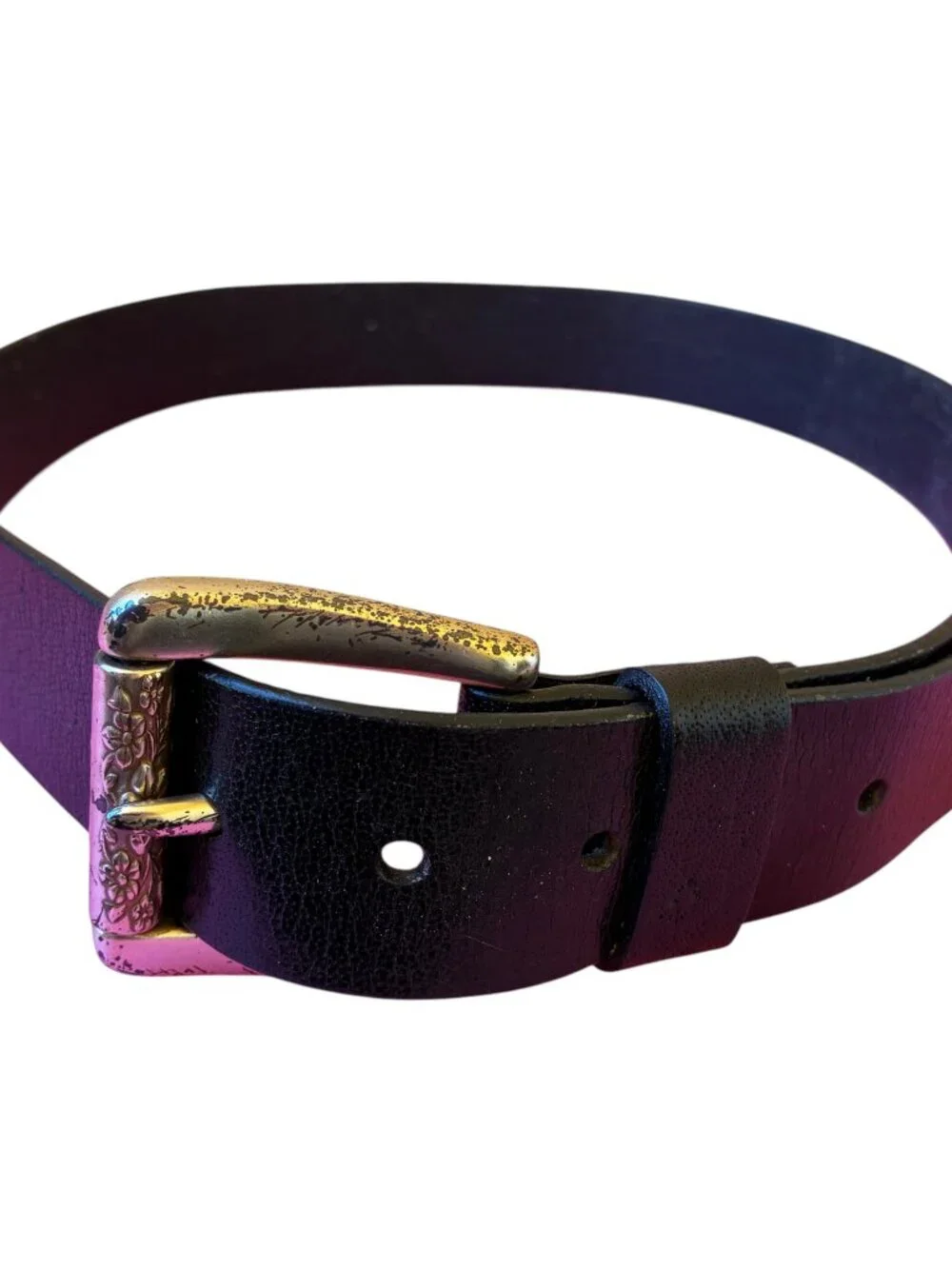 Fossil Leather Black Belt Silver-tone Floral Buckle Mens Medium * used as is